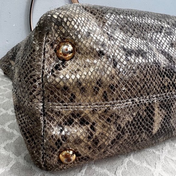 Michael Kors Python Effect Bag Tote Embossed Leather Snakeskin Print Tan Black - Picture 15 of 16